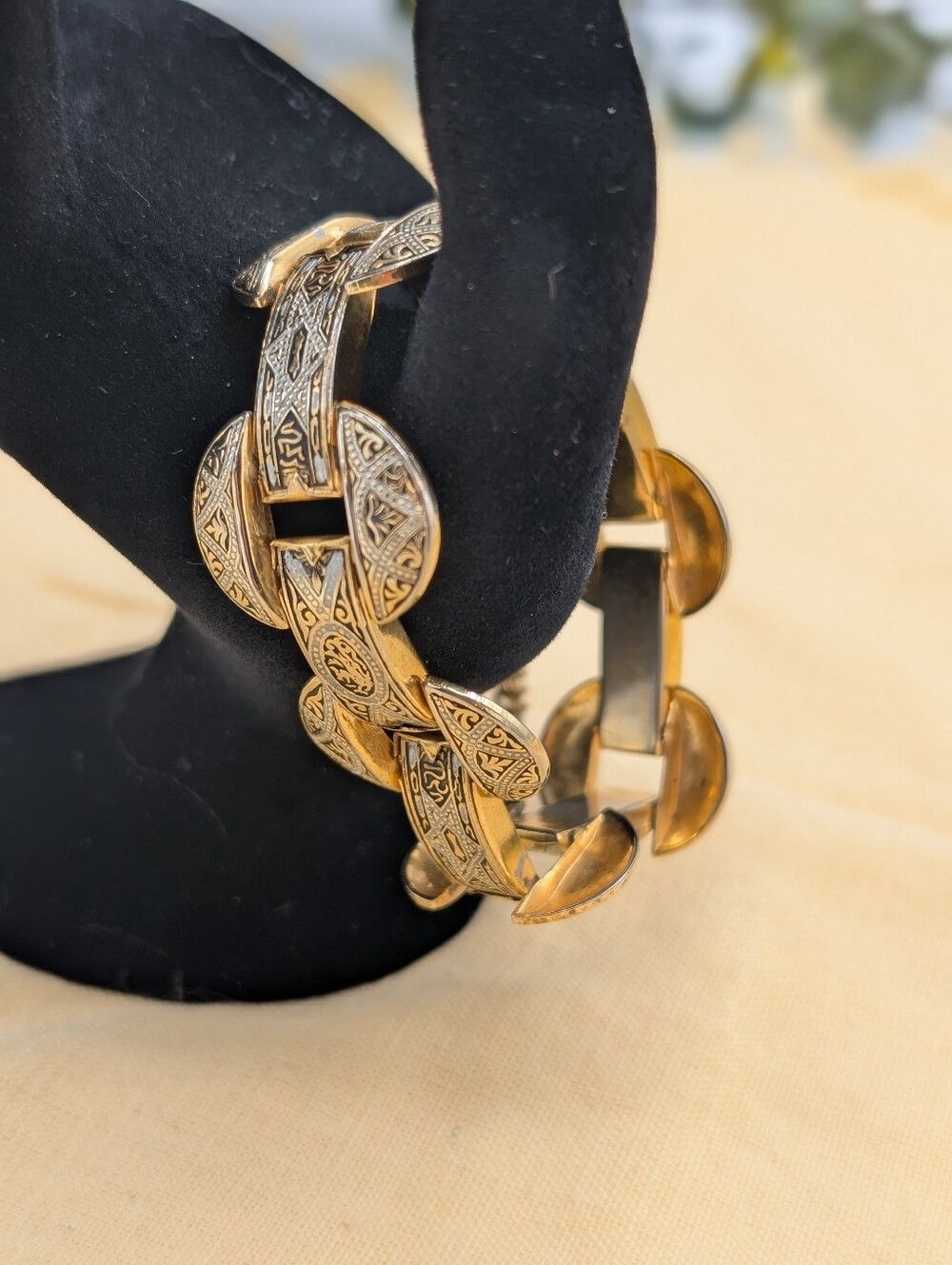 Vintage Toledo Damascene Bracelet Goldβ Black Silver Inlay W/ Safety Chain